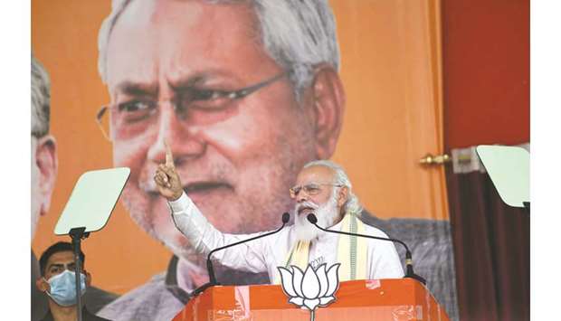 Prime Minister Narendra Modi gestures as he addresses an election rally in Rohtas district of Bihar yesterday.