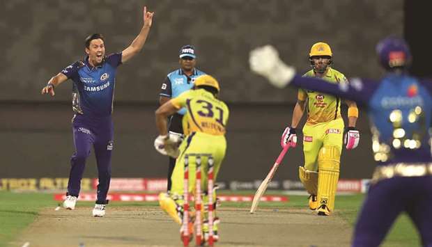 Mumbai Indiansu2019 seamer Trent Boult took four wickets as Chennai Super Kings were  restricted to 114 for nine in the Indian Premier League in Sharjah yesterday.