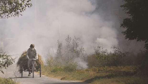 A cycle rickshaw driver rides past a burning straw stubble on a field, on the outskirts of Sirhind, in the northern state of Punjab.