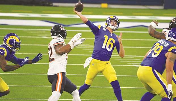 Los Angeles Rams quarterback Jared Goff throws a pass downfield during the first quarter of their NFL game against the Chicago Bears at SoFi Stadium in Inglewood, California. (USA TODAY Sports)