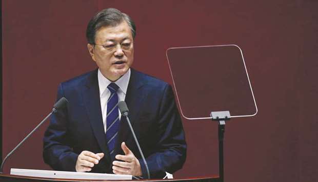 President Moon Jae-in speaks at the National Assembly in Seoul.