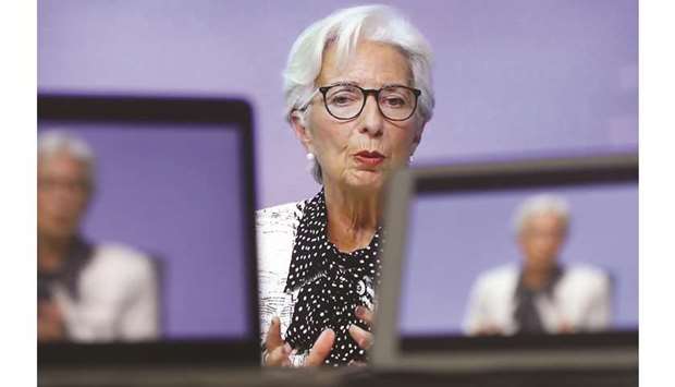 ECB president Christine Lagarde speaks during a live stream video of the central banku2019s virtual rate decision news conference in Frankfurt yesterday. Rising Covid-19 cases and containment curbs have led to a u201cclear deteriorationu201d in the eurozoneu2019s near-term outlook, but it is too early to say if the economy will shrink in the fourth quarter, she said.