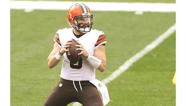 Cleveland Browns quarterback Baker Mayfield in action against the Pittsburgh Steelers during the first quarter of their NFL game at Heinz Field in Pittsburgh.
