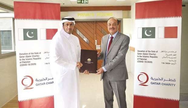Ambassador of Qatar to Pakistan Sheikh Saoud bin Abdulrahman al-Thani handed over the medical aid to Executive Director of Pakistan Air Force Hospital (Islamabad) Major General Safdar Abbas.