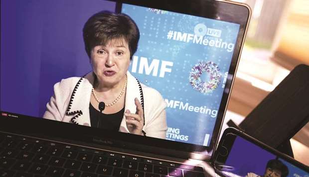 IMF managing director Kristalina Georgieva speaks during a virtual news conference in Arlington, Virginia (file). u201cMy main message today is that continued policy support is essential to address the pandemic and to sustain and invigorate a recovery,u201d Georgieva said in an online presentation alongside British finance minister Rishi Sunak yesterday.