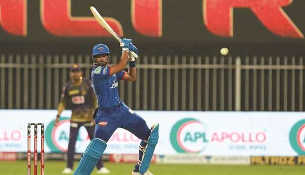 Delhi Capitals captain Shreyas Iyer plays a shot against the Kolkata Knight Riders in Sharjah yesterday. PICTURE: Sportzpics for BCCI