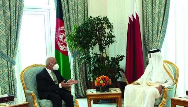 His Highness the Amir Sheikh Tamim bin Hamad al-Thani and President of Afghanistan Dr Mohamed Ashraf Ghani holding official talks at the Amiri Diwan Tuesday.