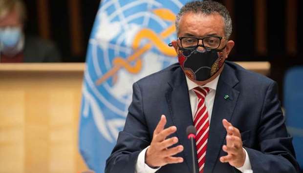 World Health Organization (WHO) Director-General Tedros Adhanom Ghebreyesus wearing a protective face mask attending a WHO executive board holds special session on the Covid-19 response at the health agency's hesdquarters in Geneva. AFP / World Health Organization / Christopher Black