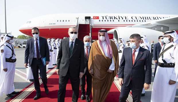 Turkey President Turkey Recep Tayyip Erdogan and the accompanying delegation being received at Doha International Airport by HE the Deputy Prime Minister and Minister of State for Defense Affairs Dr. Khalid bin Mohammed Al Attiyah and the Ambassador of the Republic of Turkey Mehmet Mustafa Goksu.