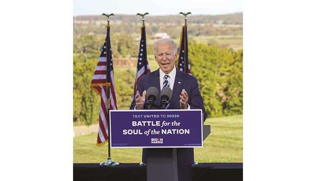 Democratic presidential nominee Joe Biden speaks during a campaign stop in Gettysburg, Pennsylvania, US, yesterday.