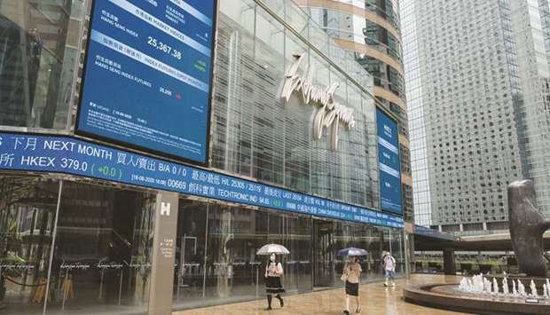 Pedestrians wearing protective masks walk past the Exchange Square complex, which houses the Hong Kong Stock Exchange. The Hang Seng closed up 1.1% to 24,242.86 points yesterday.