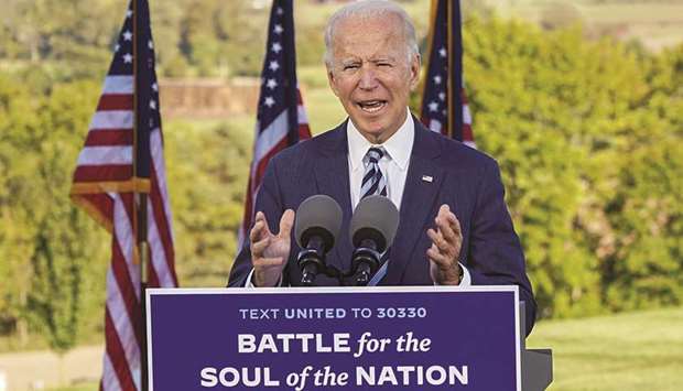 Democratic presidential nominee Joe Biden speaks during a campaign stop in Gettysburg, Pennsylvania, US, yesterday.