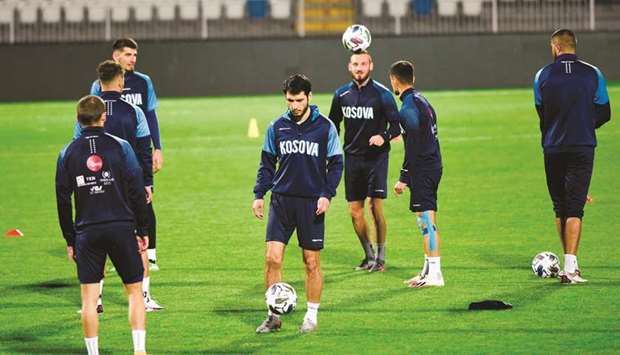 Kosovou2019s team players attend a training session in Pristina on October 5, 2020. (AFP)