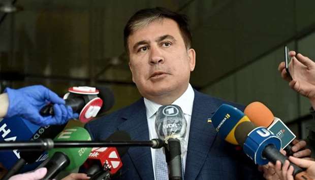 Mikheil Saakashvili talks to the media after his meeting with Ukrainian President Volodymyr Zelensky's ,Servant of the People, ruling party members in Kiev on April 24, 2020.