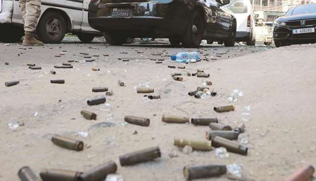 Gun shells are seen after gunfire erupted in Beirut yesterday