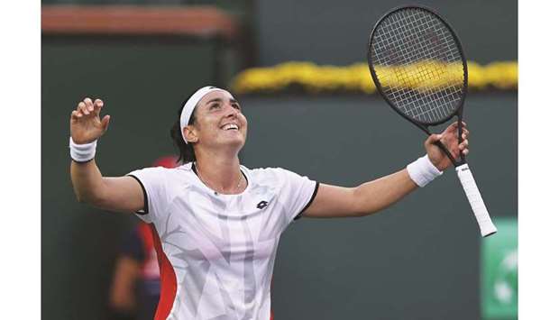Ons Jabeur of Tunisia celebrates her victory against Anett Kontaveit of Estonia in Indian Wells Masters quarter-final.  (Getty Images/AFP)