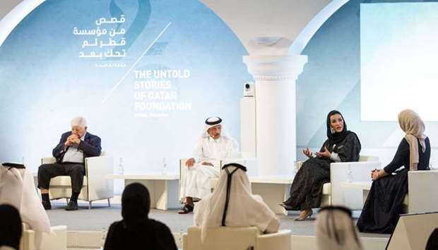 Her Highness Sheikha Moza participates in u201cUntold Stories of QFu201d panel discussion. Credits: AR Al-Baker.