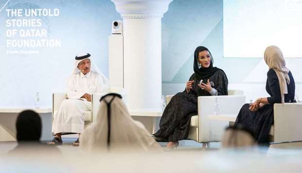 Sheikha Moza and Yousef Hussain Kamal during a special panel discussion aired on Qatar TV on Sunday