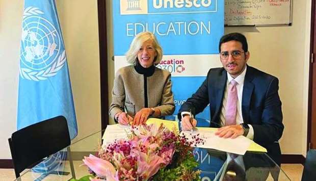 The agreement was signed by HE the Permanent Representative of Qatar to Unesco Nasser al-Hanzab, and Stefania Giannini, Unesco's Assistant Director-General for Education.