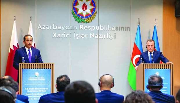 HE the Deputy Prime Minister and Minister of Foreign Affairs Sheikh Mohamed bin Abdulrahman al-Thani, holds press conference Baku with Minister of Foreign Affairs of Azerbaijan Jeyhun Bayramov
