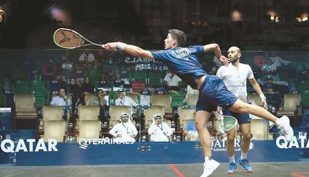 Germanyu2019s Raphael Kandra (left) stretches for the ball during his third round match against Egyptu2019s Marwan ElShorbagy at the Qatar QTerminals Classic at Khalifa International Tennis and Squash Complex on Tuesday.