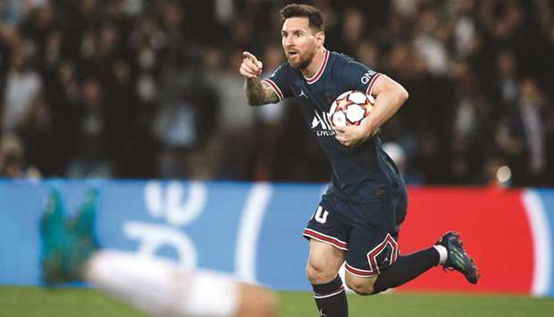 Paris St Germainu2019s Lionel Messi celebrates after scoring against RB Leipzig during the Champions League Group A match in Paris yesterday. (Reuters)