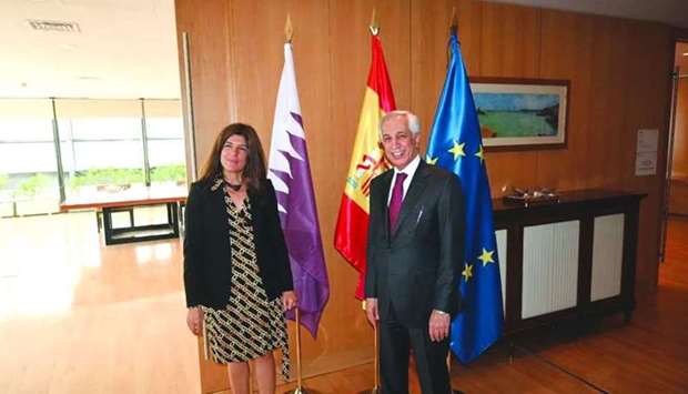 HE the Minister of State for Foreign Affairs Sultan bin Saad Al Muraikhi with the State Secretary for Foreign and Global Affairs of  Spain Angeles Moreno.