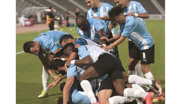 Al Wakrah players celebrate after scoring a goal against Al Duhail during the QNB Stars League match at the Al Wakrah Stadium on Thursday. PICTURE: Ramchand