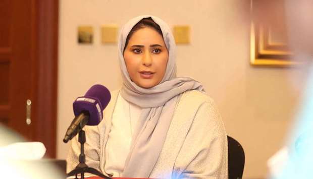 Fatma al-Nuaimi, head of communications at the Supreme Committee, speaking during a press briefing. Handout / AFP