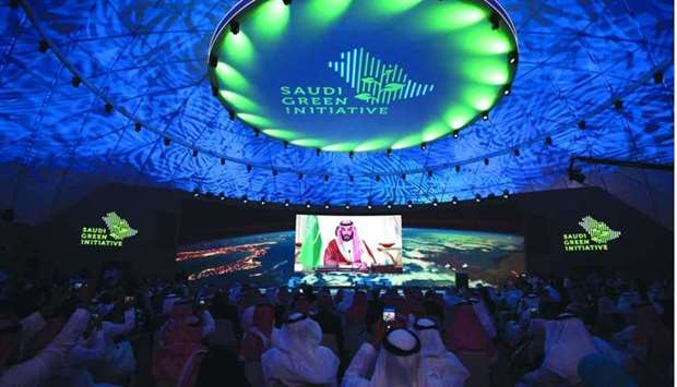 Prince Mohamed bin Salman delivers a speech during the opening ceremony of the Saudi Green Initiative forum Saturrday in Riyadh. 