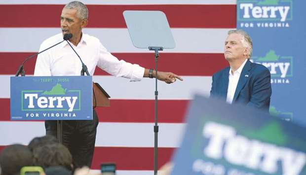 Former US president Barack Obama speaks during a campaign rally for Virginia Democratic gubernatorial candidate Terry McAuliffe in Richmond, Virginia yesterday. (Reuters)