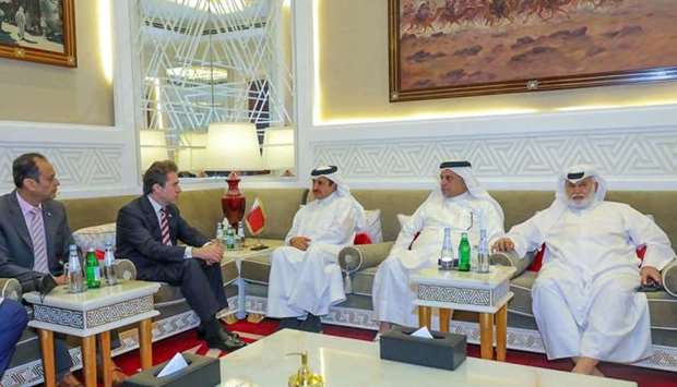 Qatar Chamber chairman Sheikh Khalifa bin Jassim al-Thani with Paraguayu2019s Minister of Industry and Commerce Luis Alberto Castiglioni in a meeting held in Doha.