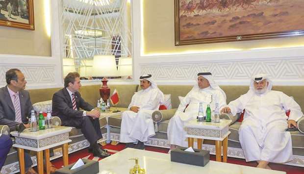 Qatar Chamber chairman Sheikh Khalifa bin Jassim al-Thani with Paraguayu2019s Minister of Industry and Commerce Luis Alberto Castiglioni in a meeting held in Doha on Thursday.