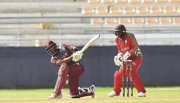 Qataru2019s Mohamed Rizlan plays a shot during the match against Maldives in the Asia Qualifier Group A for the 2022 ICC T20 World Cup at the Asian Town Stadium on Sunday.