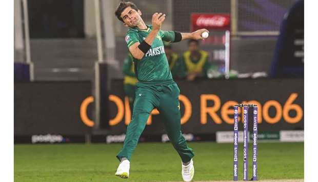 Pakistanu2019s Shaheen Shah Afridi in action during the ICC menu2019s Twenty20 World Cup match against India at the Dubai International Cricket Stadium in Dubai yesterday. (AFP)