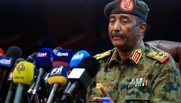 Sudan's top army general Abdel Fattah al-Burhan speaks during a press conference at the General Command of the Armed Forces in Khartoum.