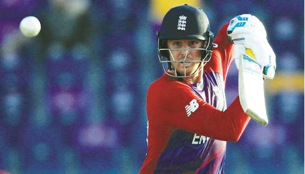 Englandu2019s Jason Roy plays a shot against Bangladesh during the  ICC Menu2019s T20 World Cup 2021 match at the Zayed Cricket Stadium in Abu Dhabi, UAE, yesterday. (Reuters)