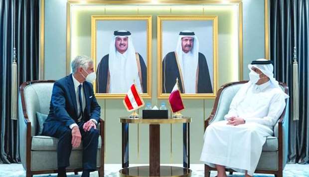 HE the Deputy Prime Minister and Minister of Foreign Affairs Sheikh Mohamed bin Abdulrahman al-Thani meets with Austrian Federal Minister for European and International Affairs Michael Linhart