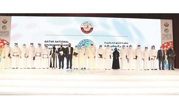 HE the Prime Minister and Minister of Interior Sheikh Khalid bin Khalifa bin Abdulaziz al-Thani with ministers and officials at the launch ceremony.