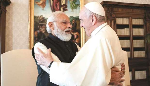 Pope Francis and Indian Prime Minister Narendra Modi during a private audience at The Vatican yesterday. (AFP)