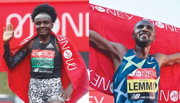 (From left) Kenyau2019s Joyciline Jepkosgei celebrates winning the elite womenu2019s race of the London Marathon yesterday; (Reuters) Ethiopiau2019s Sisay Lemma celebrates after winning the elite menu2019s race of the 2021 London Marathon yesterday. (AFP)