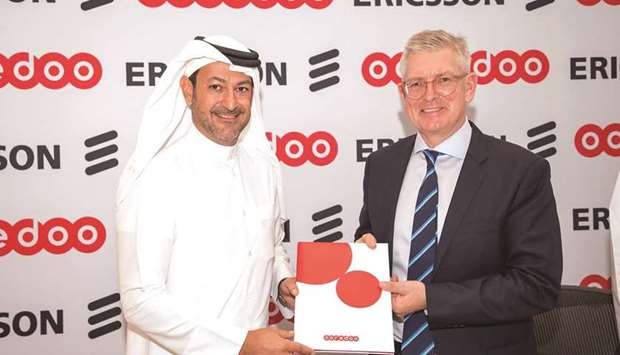 Aziz Aluthman Fakhroo, managing director, Ooredoo Group, and Borje Ekholm, president and CEO, Ericsson Group, after signing the agreement at Ooredoo HQ in Doha.