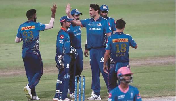 Nathan Coulter-Nile of Mumbai Indians celebrates the wicket of Yashasvi Jaiswal of Rajasthan Royals during their IPL match at the Sharjah Cricket Stadium in the United Arab Emirates yesterday. (Sportzpics for IPL)