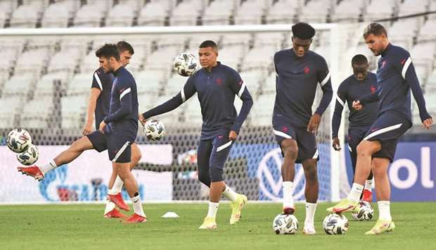France players train at the Allianz Stadium in Turin, Italy, yesterday.
