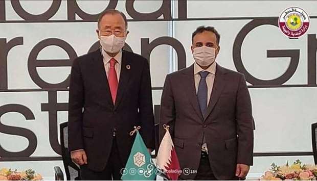 HE the Minister of Municipality and Environment and Acting Minister of State for Cabinet Affairs Dr Abdullah bin Abdulaziz bin Turki al-Subaie with GGGI's President Ban Ki-moon.