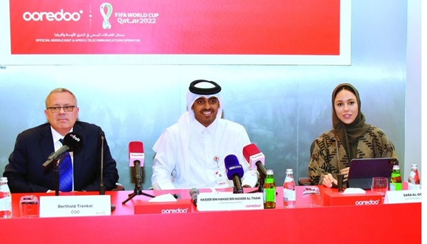 Sheikh Nasser bin Hamad bin Nasser al-Thani is joined by Berthold Trenkel and Sarah al-Dorani during the launch event held Monday. PICTURE Thajudheen