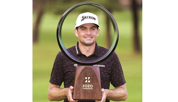 Keegan Bradley of the US celebrates after winning the Zozo Championship at Narashino Country Club in Inzai, Tokyo, yesterday. (Kyodo/via Reuters)