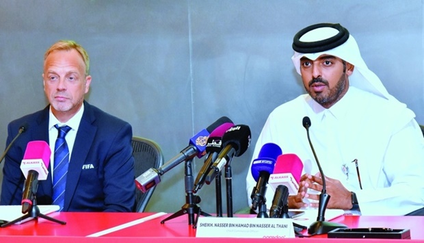 Sheikh Nasser bin Hamad bin Nasser al-Thani, chief commercial officer at Ooredoo at press conference and Colin Smith, FIFA chief operating officer World Cup and FIFA World Cup Qatar 2022 managing director.