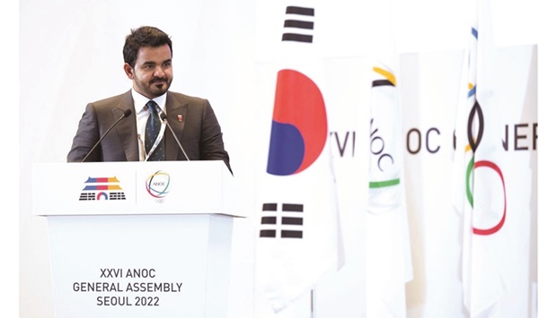 QOC President and Association of National Olympic Committees Senior Vice President HE Sheikh Joaan bin Hamad al-Thani addresses the ANOCu2019s General Assembly in Seoul on Thursday.