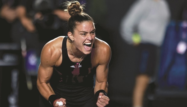 Greeceu2019s Maria Sakkari celebrates after defeating Russiau2019s Veronika Kudermetova at Guadalajara Open semi-final in Zapopan. (AFP)